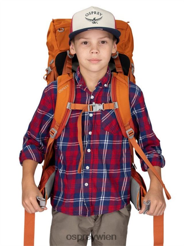 Kinder Ace 50 Backpacking (8–14 Jahre) Osprey orangefarbener Sonnenuntergang Rucksack J4028N486